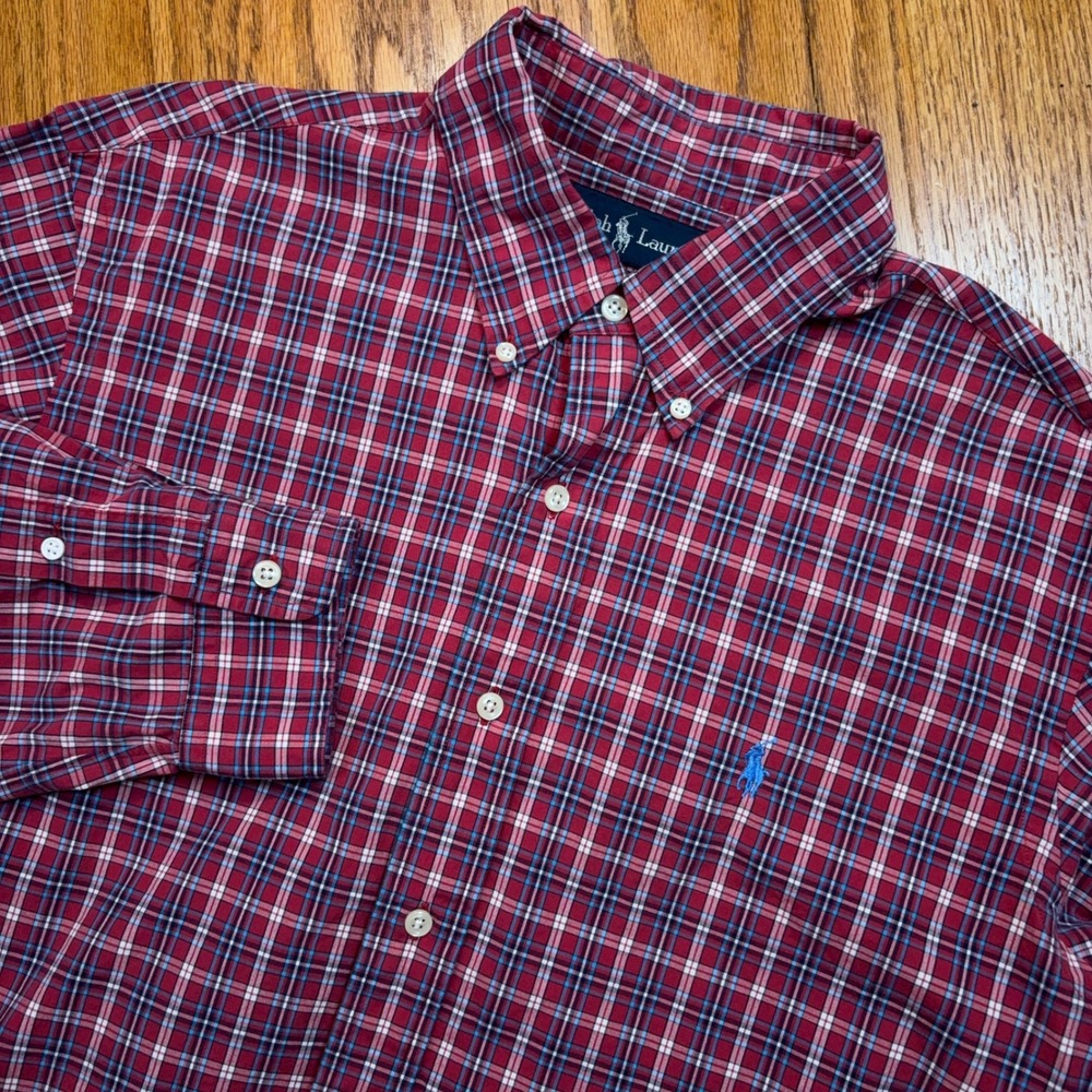 Polo Ralph Lauren Shirt Mens L Red Plaid Custom Fit Two-Ply Button Down Long Slv